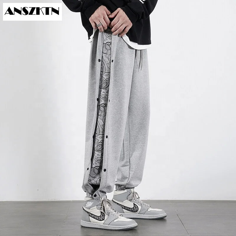 ANSZKTN Men Spring Autumn Hip-hop Bandana Row Button Trousers Cashew Flower Trousers Women Couple Knitted Sports Harem Pants-3