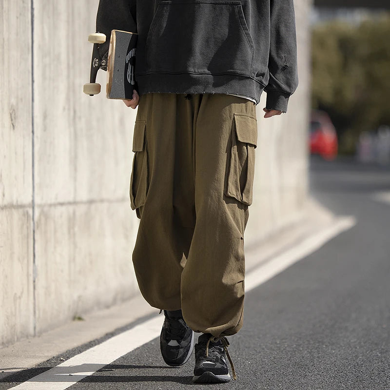 ANSZKTN Men New Plus Size Bunched Wide Leg Loose Straight Overalls Cargo Pants-6