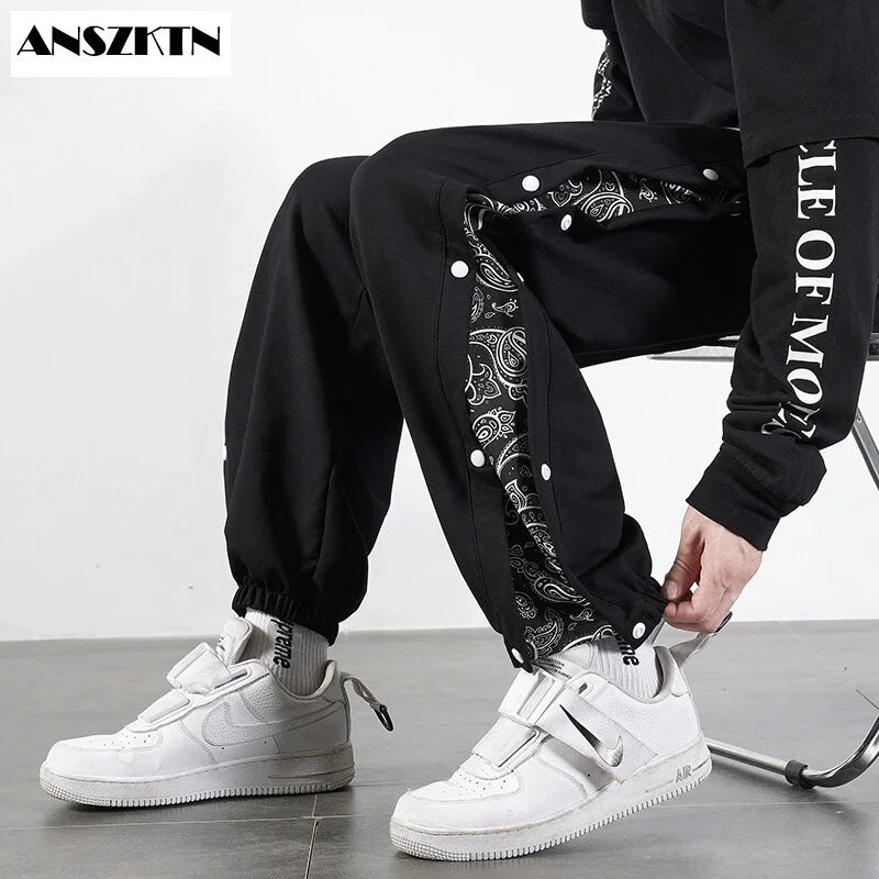 ANSZKTN Men Spring Autumn Hip-hop Bandana Row Button Trousers Cashew Flower Trousers Women Couple Knitted Sports Harem Pants-4