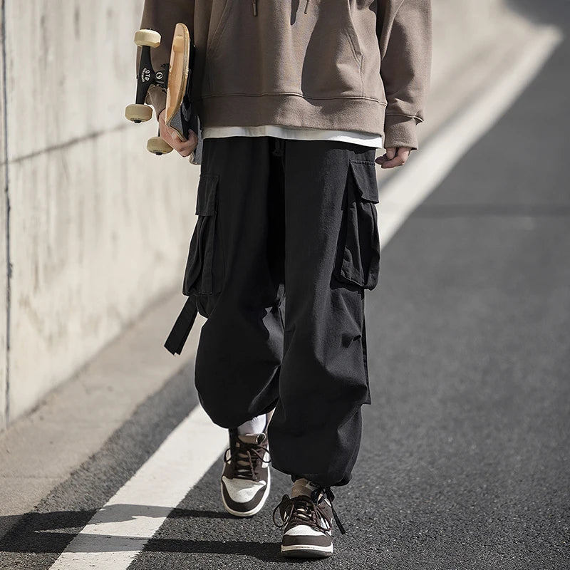ANSZKTN Men New Plus Size Bunched Wide Leg Loose Straight Overalls Cargo Pants-2