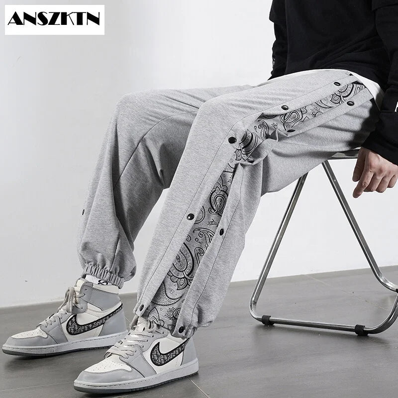 ANSZKTN Men Spring Autumn Hip-hop Bandana Row Button Trousers Cashew Flower Trousers Women Couple Knitted Sports Harem Pants-0