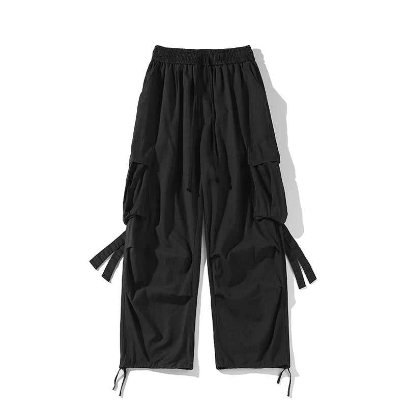 ANSZKTN Men New Plus Size Bunched Wide Leg Loose Straight Overalls Cargo Pants-4