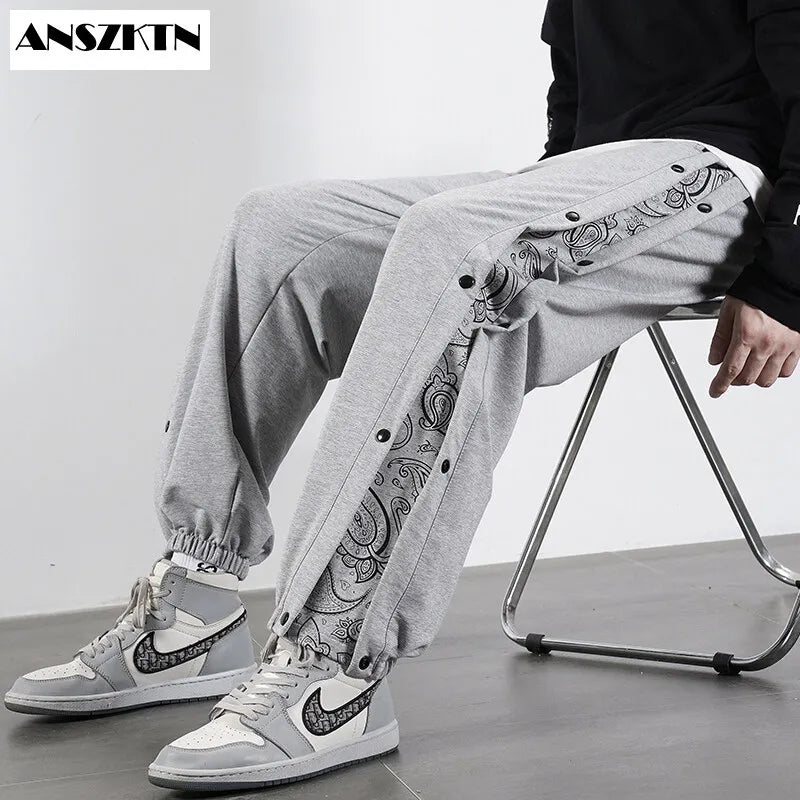 ANSZKTN Men Spring Autumn Hip-hop Bandana Row Button Trousers Cashew Flower Trousers Women Couple Knitted Sports Harem Pants-7