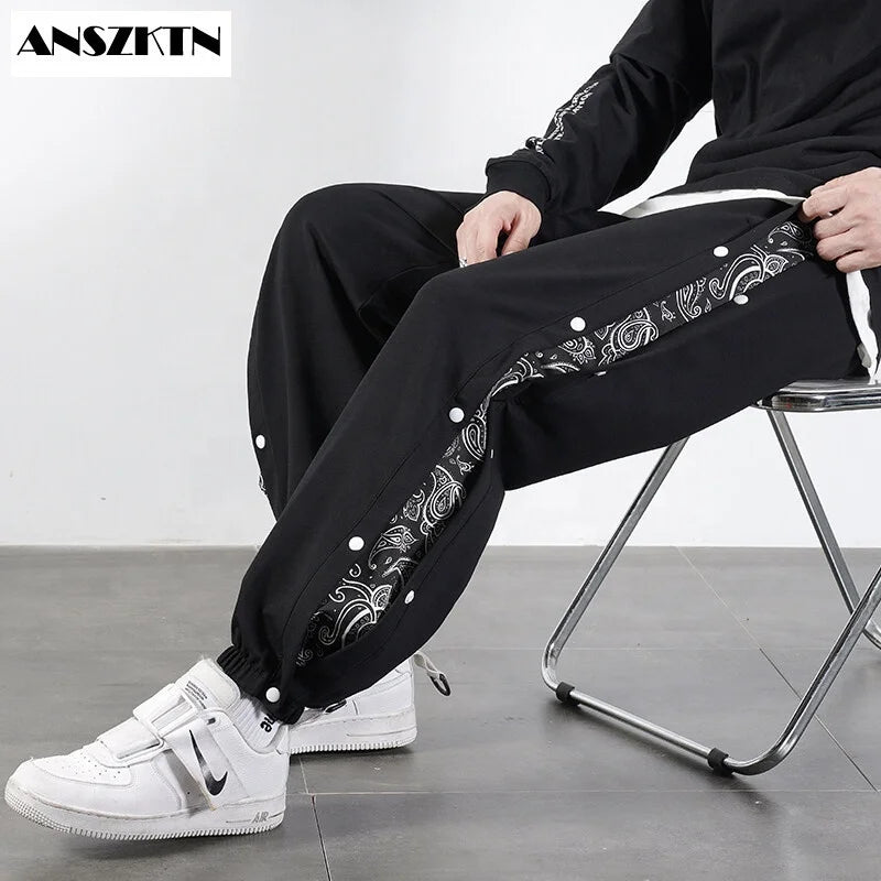 ANSZKTN Men Spring Autumn Hip-hop Bandana Row Button Trousers Cashew Flower Trousers Women Couple Knitted Sports Harem Pants-1