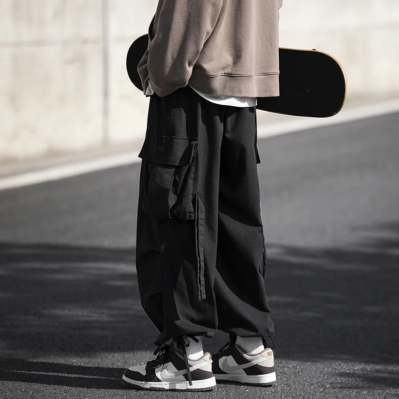 ANSZKTN Men New Plus Size Bunched Wide Leg Loose Straight Overalls Cargo Pants-3