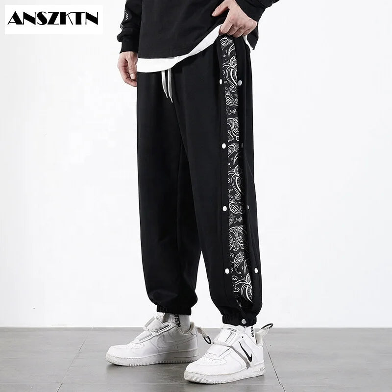 ANSZKTN Men Spring Autumn Hip-hop Bandana Row Button Trousers Cashew Flower Trousers Women Couple Knitted Sports Harem Pants-2
